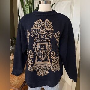 Vintage 100% Wool Crest Intarsia Navy Sweater Dark Academia Preppy L